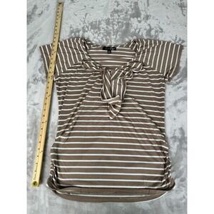 French Laundry Short Sleeve Shirt Ruffle Front Brown White striped Large